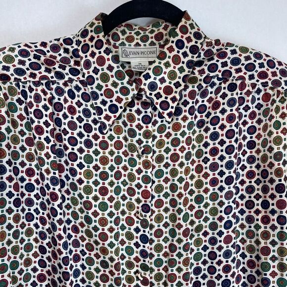 Evan Picone Silk Shirt Women's Sz 14 Multicolor Button-Up Long Sleeve Geometric - Picture 2 of 13